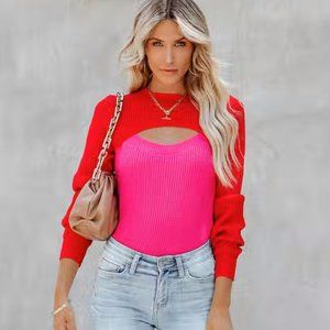 NEW- ROZIE COLORBLOCK CROP KNIT CUTOUT SWEATER - RED PINK